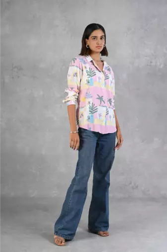Senorita light pink beach printed modal full sleeve shirt