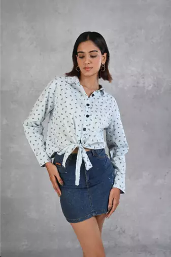 Senorita light blue knotted printed 100% cotton slub full sleeve casual top