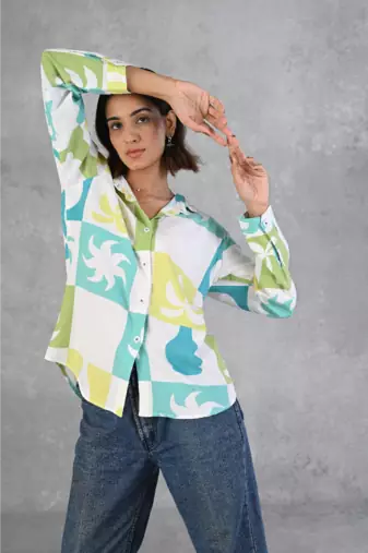 Senorita light blue & green printed modal full sleeve shirt