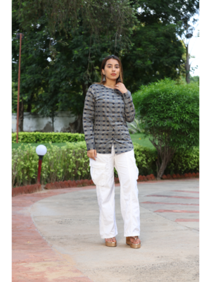 Senorita gray & navy 100% cotton satin full sleeve top 4