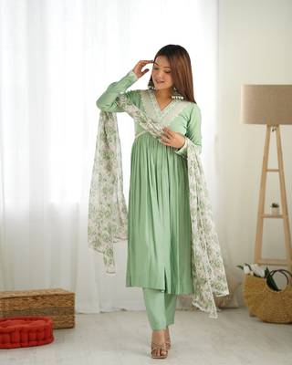 PURE SOFT HEAVY ROMANSILK CHANDERI FABRIC NYRA CUT KURTA WITH DUPPTA SET,PENT READY TO WEAR 1
