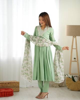 PURE SOFT HEAVY ROMANSILK CHANDERI FABRIC NYRA CUT KURTA WITH DUPPTA SET,PENT READY TO WEAR 2