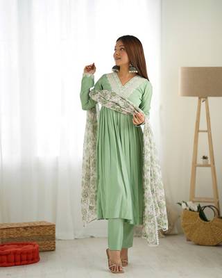 PURE SOFT HEAVY ROMANSILK CHANDERI FABRIC NYRA CUT KURTA WITH DUPPTA SET,PENT READY TO WEAR 3