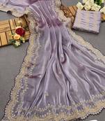 Lavender Burberry silk fabric with c-pallu embroidery  thread work and amazing cutwork