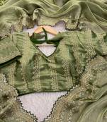 Mehendi green Burberry Silk fabric with Thread work embroidery 