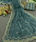 Blue Burberry silk fabric with thread work embroidery