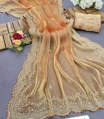 Rust Orange Burberry Silk fabric with Thread work embroidery 