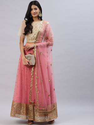 Stunning Pink Beige Sequins Net Wedding Wear Lehenga Choli With Dupatta 1
