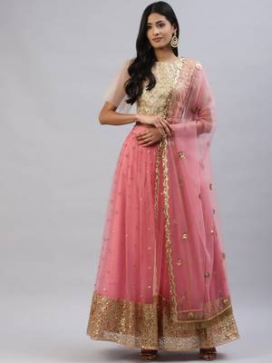 Stunning Pink Beige Sequins Net Wedding Wear Lehenga Choli With Dupatta 2