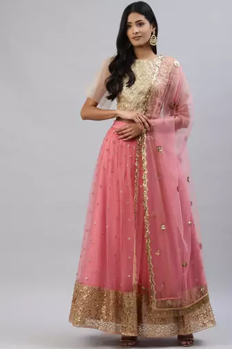 Stunning Pink Beige Sequins Net Wedding Wear Lehenga Choli With Dupatta