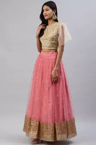 Stunning Pink Beige Sequins Net Wedding Wear Lehenga Choli With Dupatta