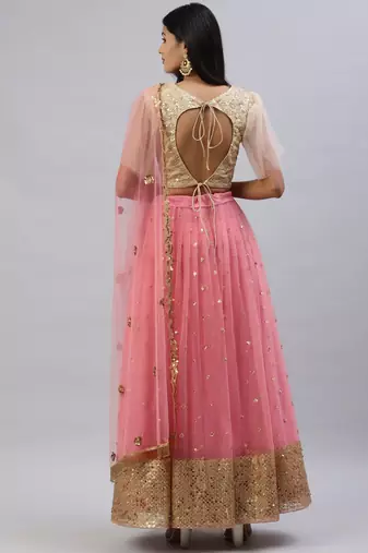 Stunning Pink Beige Sequins Net Wedding Wear Lehenga Choli With Dupatta