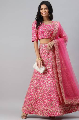 Astounding Pink Embroidery Slub Silk Bridal Lehenga Choli