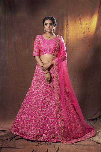 Impressive Pink Embroidery Slub Silk Bridal Lehenga Choli