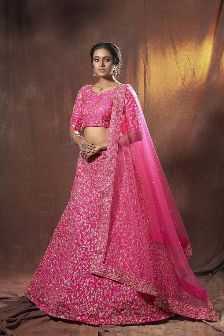 Impressive Pink Embroidery Slub Silk Bridal Lehenga Choli