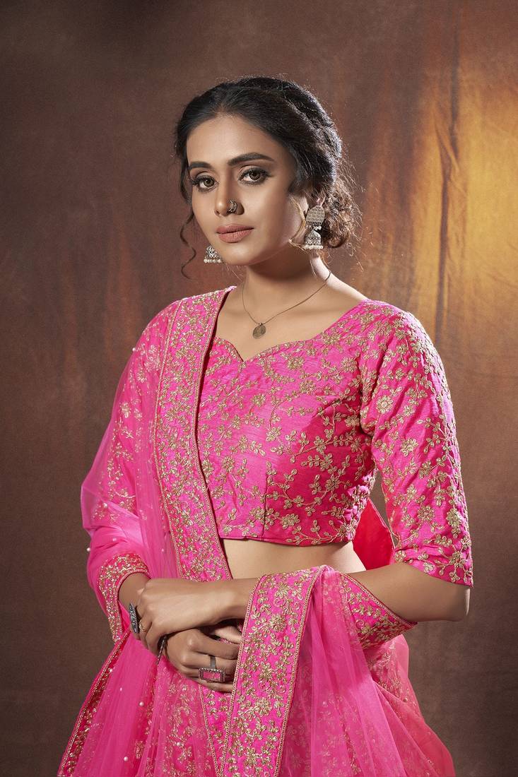 Impressive Pink Embroidery Slub Silk Bridal Lehenga Choli