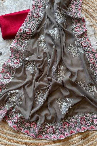 Grey Georgette Silk Saree