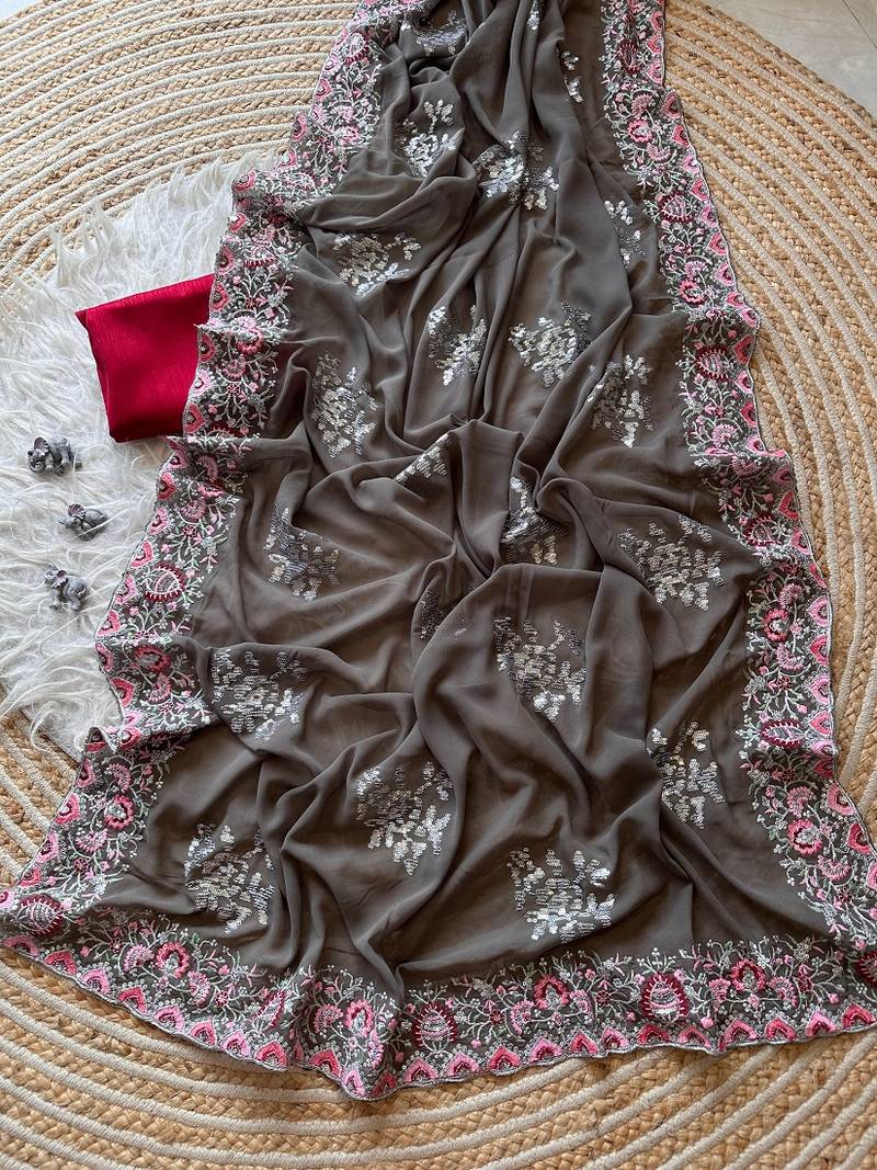 Grey Georgette Silk Saree