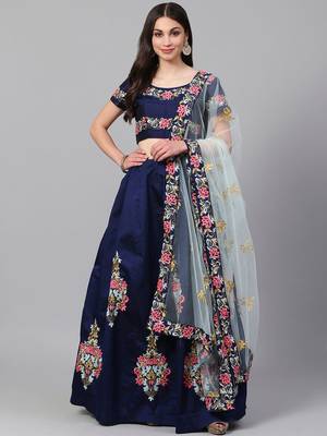 Magnetic Navy Blue Sequins Tapeta Silk Wedding Wear Lehenga Choli 1