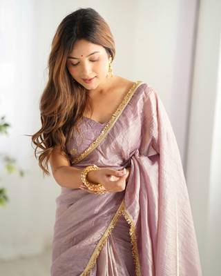 pre draped mauve gold crush tissue fabric prewrapped saree 5