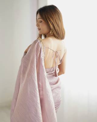 pre draped mauve gold crush tissue fabric prewrapped saree 6