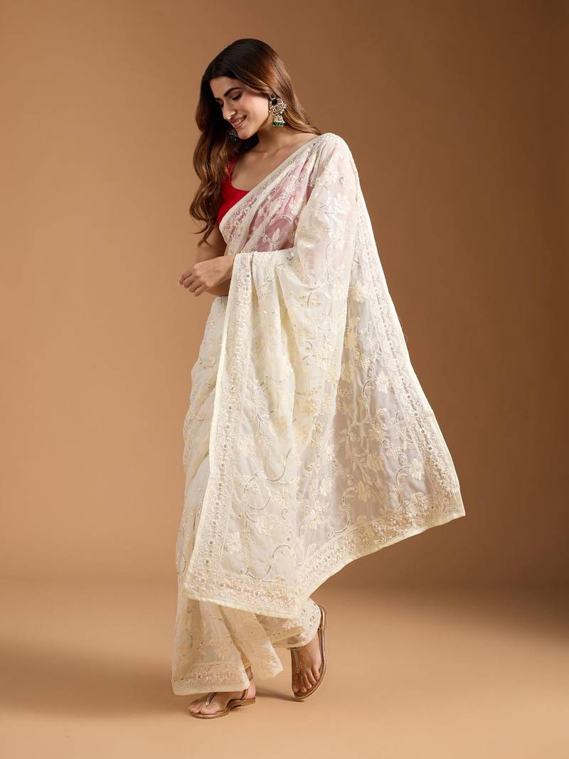 off white Georgette Saree with 3mm Sequins Work