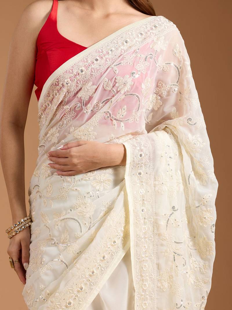 off white Georgette Saree with 3mm Sequins Work