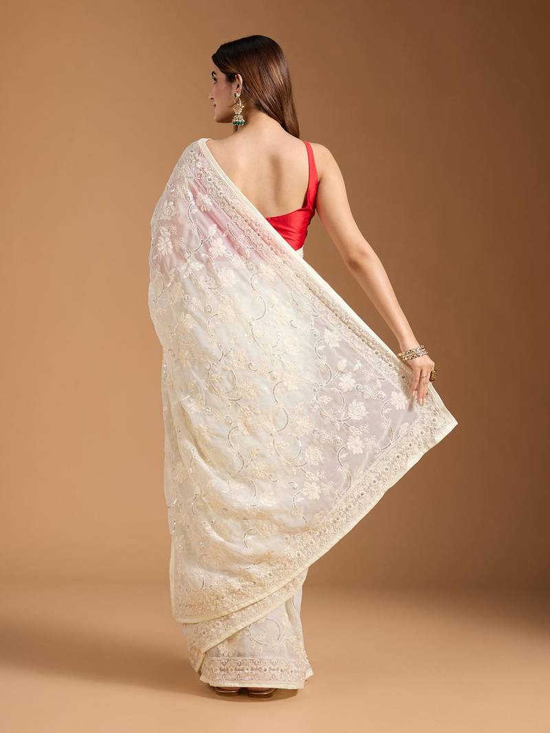off white Georgette Saree with 3mm Sequins Work