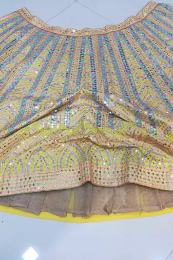  Yellow Dolo Silk With Heavy Fusing Thread Zari And Sequins Embroidered Indian Wedding Lehenga Dress Designs