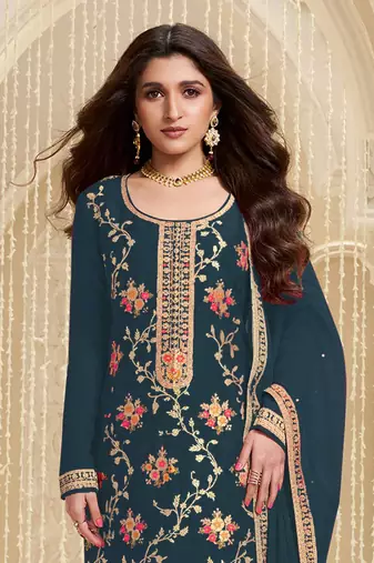 Dark grey embroidered viscose salwar suit
