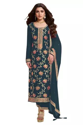 Dark grey embroidered viscose salwar suit