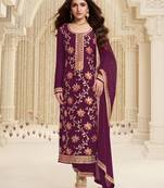 Wine embroidered viscose semi-salwar suit