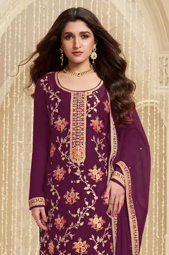 Wine embroidered viscose salwar suit