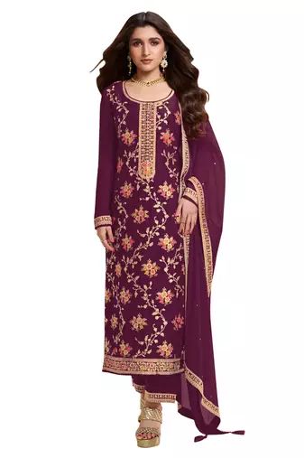 Wine embroidered viscose salwar suit