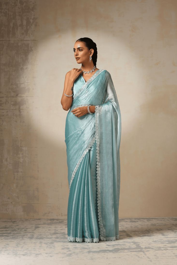 sea green Jimmy Choo Fabric Saree with Handwork
