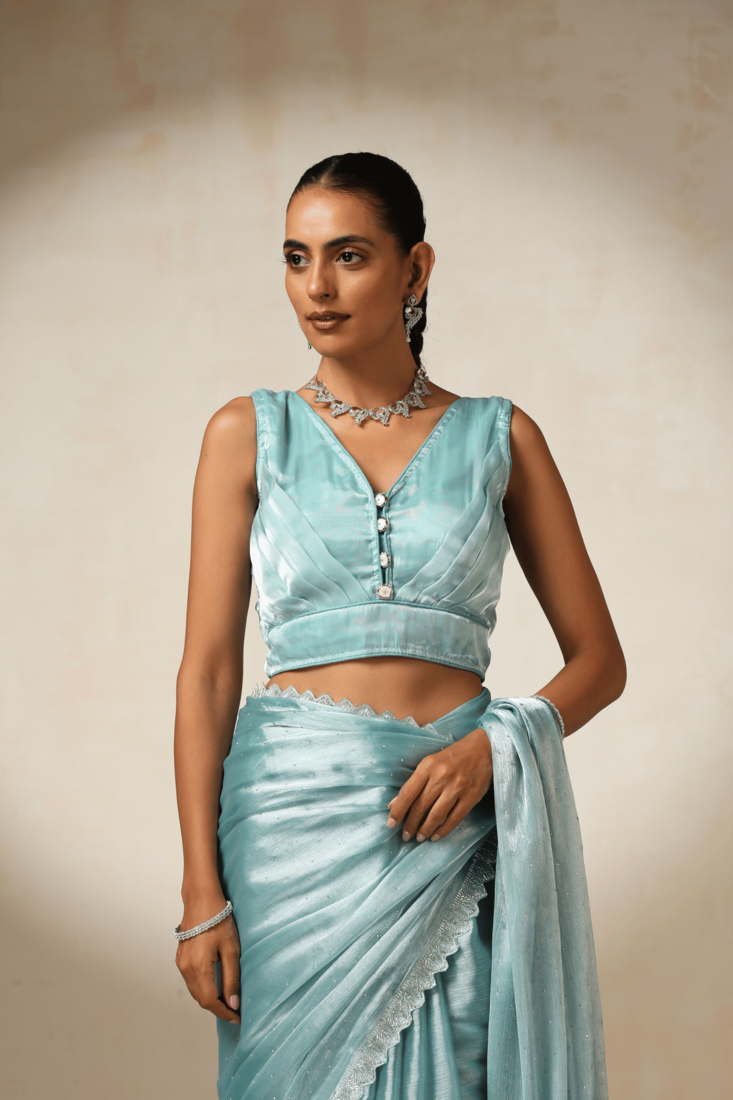 sea green Jimmy Choo Fabric Saree with Handwork