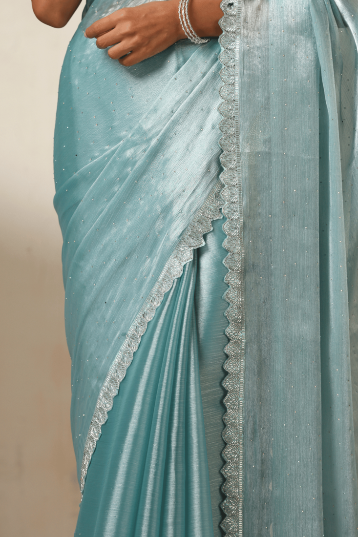 sea green Jimmy Choo Fabric Saree with Handwork