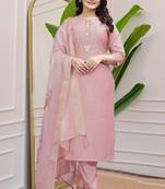 Peach Colour Premium Roman Silk Khatli Work A Line Kurta Set