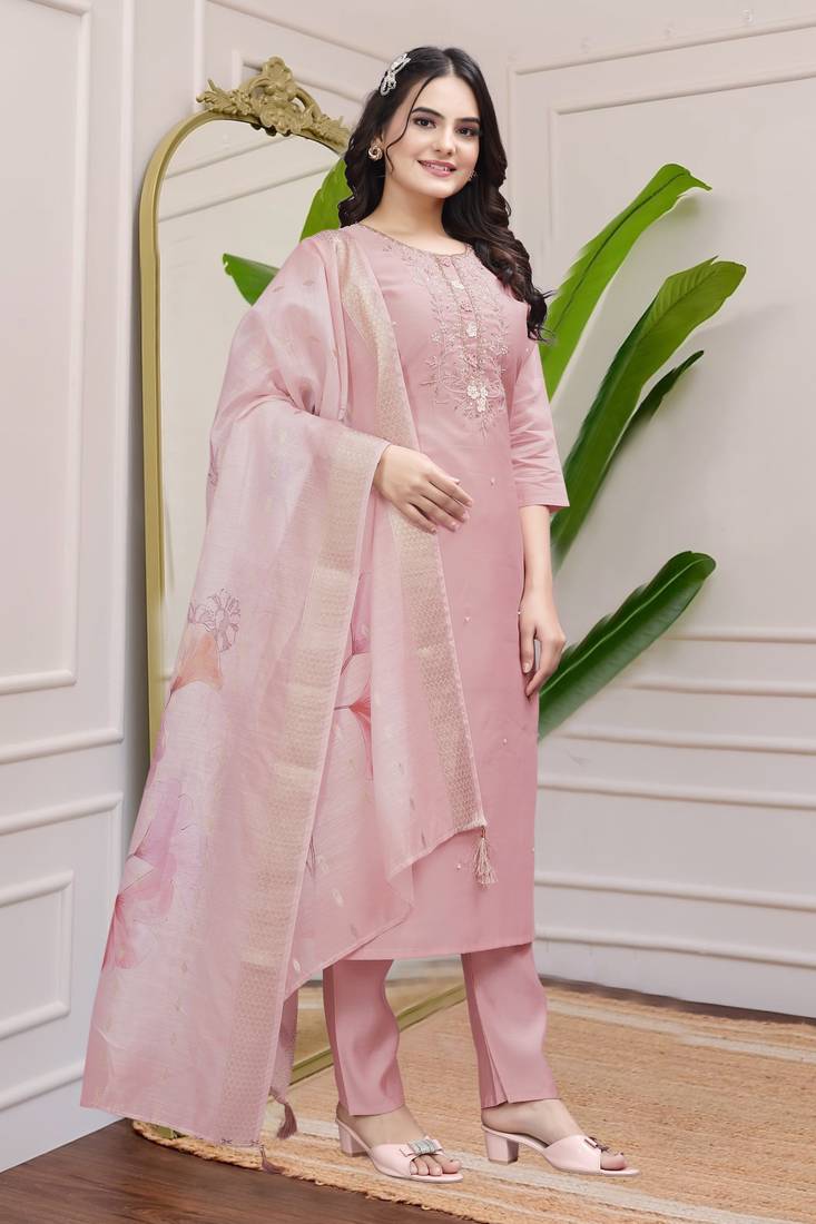 Peach Colour Premium Roman Silk Khatli Work A Line Kurta Set