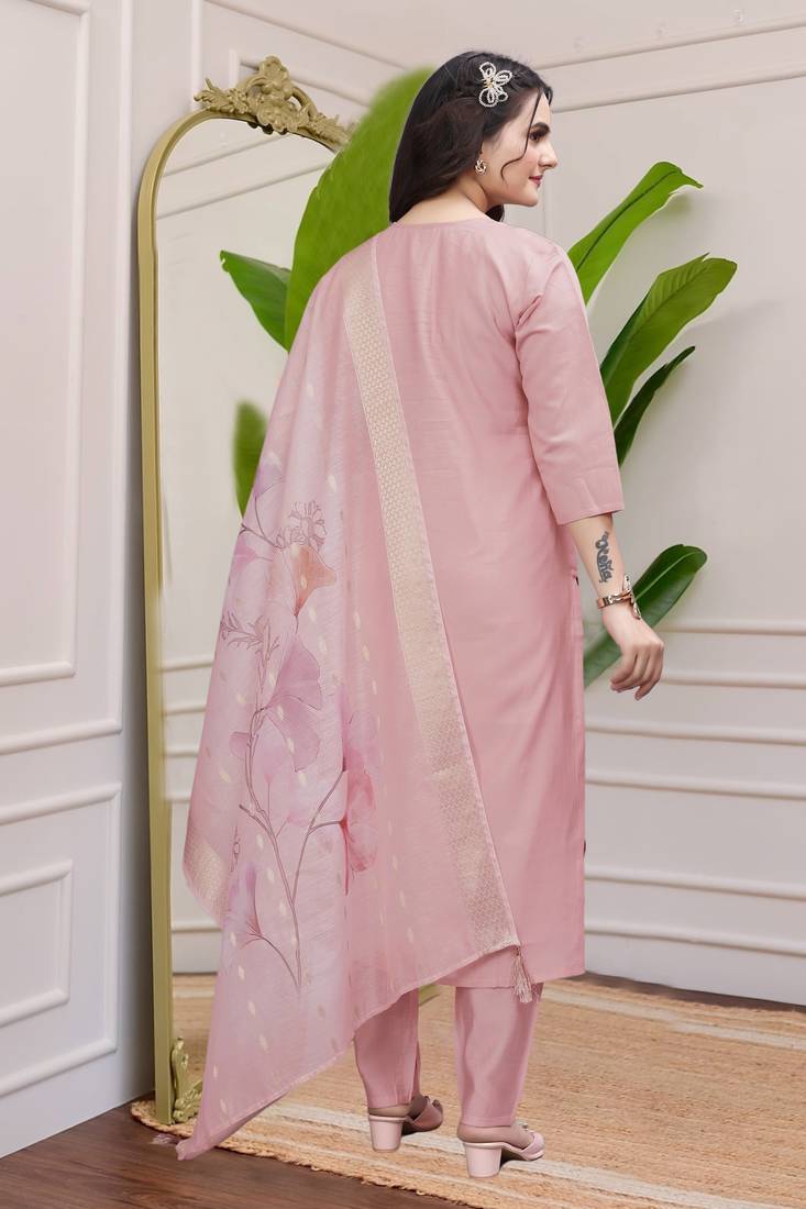 Peach Colour Premium Roman Silk Khatli Work A Line Kurta Set