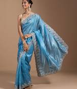blue gold Crush Fabric Saree with Coding Embroidery and 3mm Sequins Work