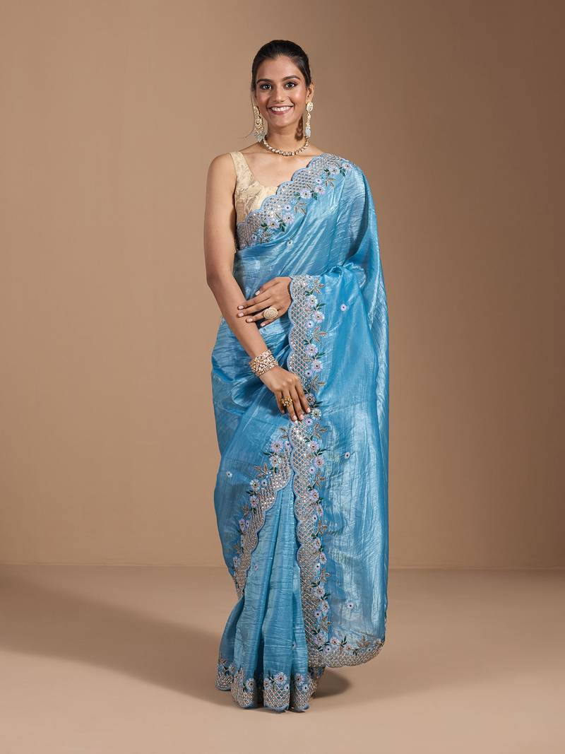 blue gold Crush Fabric Saree with Coding Embroidery and 3mm Sequins Work