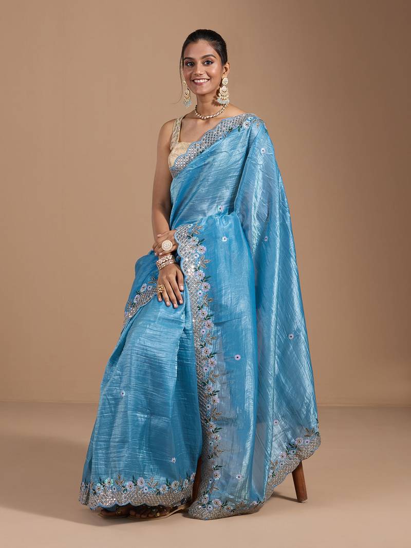 blue gold Crush Fabric Saree with Coding Embroidery and 3mm Sequins Work