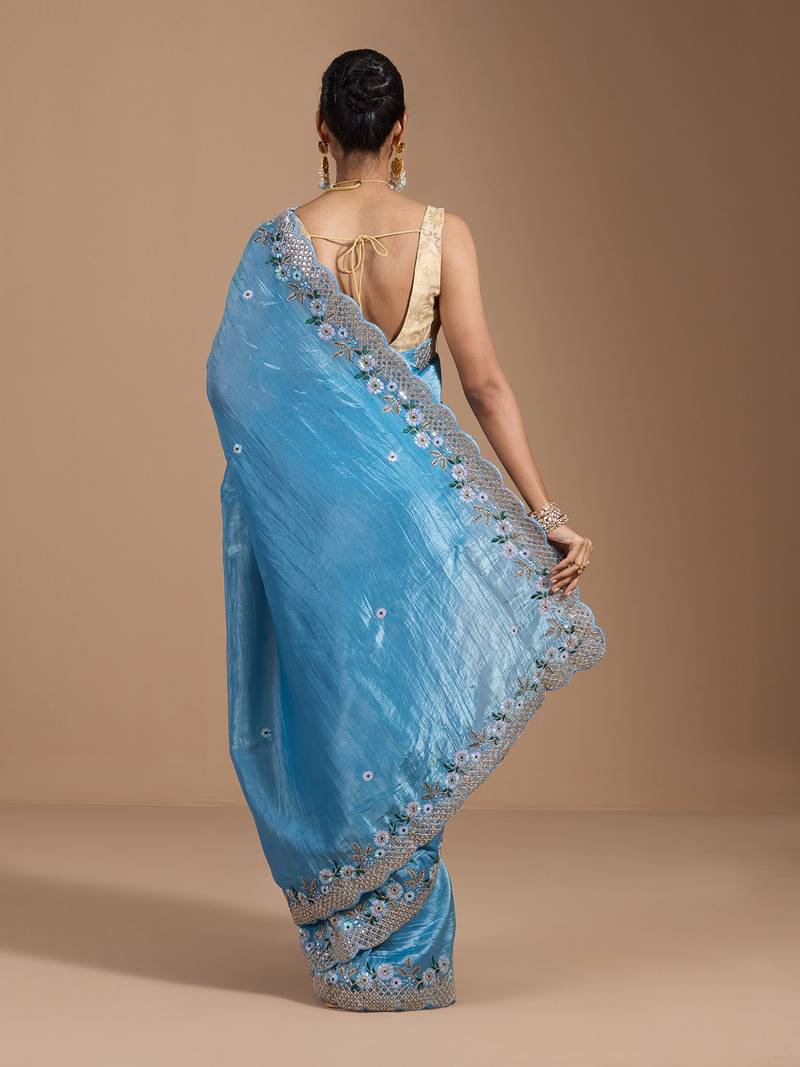 blue gold Crush Fabric Saree with Coding Embroidery and 3mm Sequins Work