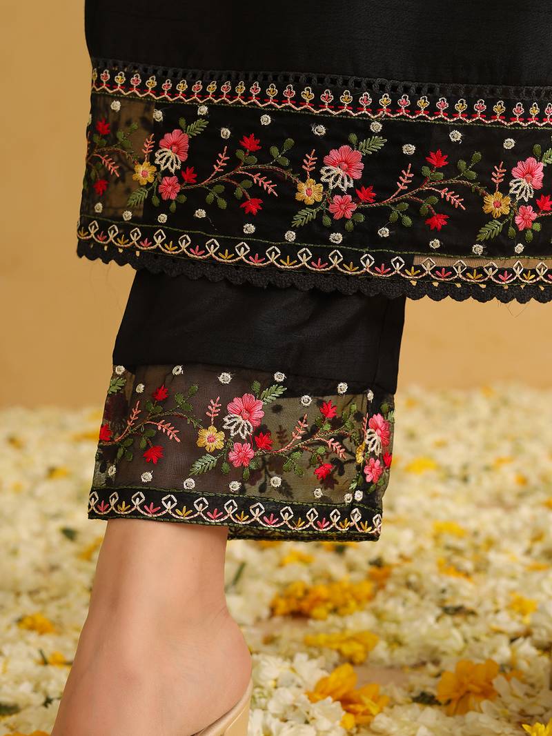 Elegant Black Silk Floral Embroidered Kurti with Organza Dupatta