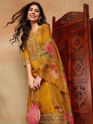Mustard solid silk blend embroidered fancy straight trousers with dupatta 6