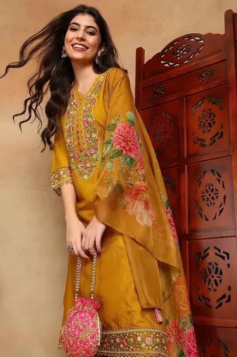 Mustard solid silk blend embroidered fancy straight trousers with dupatta