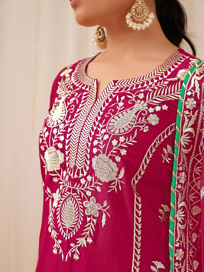 women pink silk blend solid yoke design straight kurta palazzo with dupatta