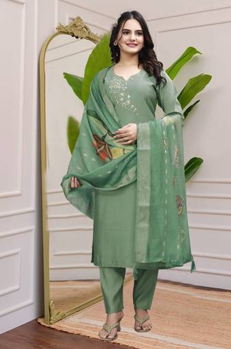Leaf Green Premium Roman Silk Khatli Work A Line Kurta Set