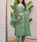 Leaf Green Premium Roman Silk Khatli Work A Line Kurta Set